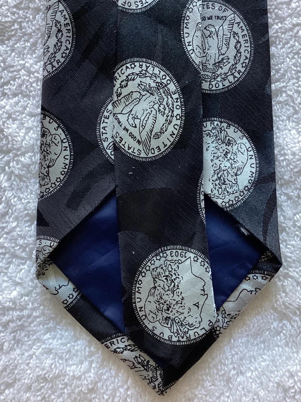 Men's Black Tie with Silver Coin Print and Navy Accent